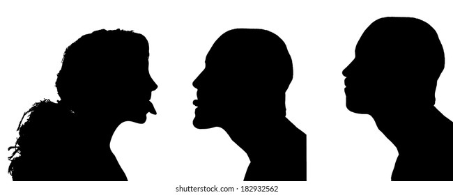 Vector silhouettes people in profile on white background.