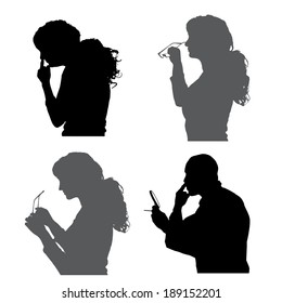 Vector silhouettes people in profile on white background.