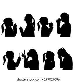 Vector silhouettes people in profile on white background.