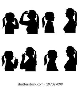 Vector silhouettes people in profile on white background.