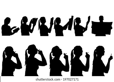 Vector silhouettes people in profile on white background.