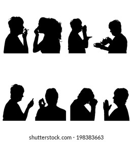 Vector silhouettes people in profile on white background.