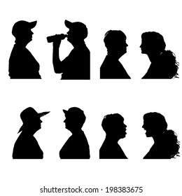 Vector silhouettes people in profile on white background.