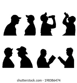 Vector silhouettes people in profile on white background.