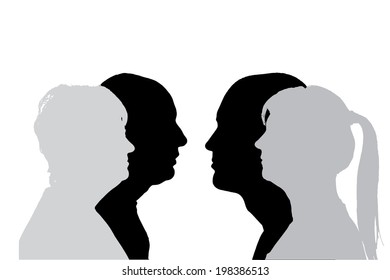 Vector silhouettes people in profile on white background.