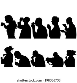 Vector silhouettes people in profile on white background.