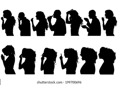 Vector silhouettes people in profile on white background.