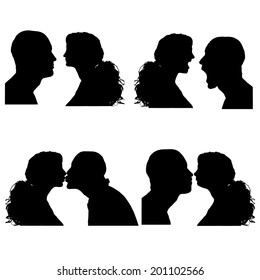 Vector silhouettes people in profile on white background.