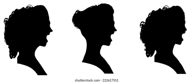 Vector silhouettes people in profile on white background.