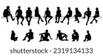 Vector silhouettes of people sitting, men, women, teenagers, children, black color, isolated on a white background