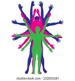 Vector silhouettes of people that have a lot of hands.