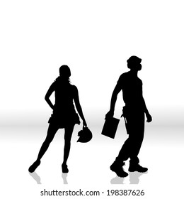 Vector silhouettes of people with tools on white background.