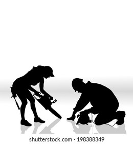 Vector silhouettes of people with tools on white background.