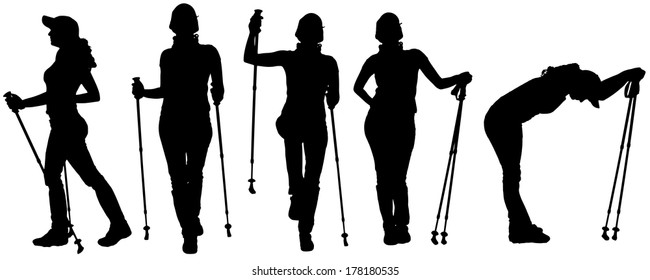 Vector silhouettes of people with trekking stick on a white background. 