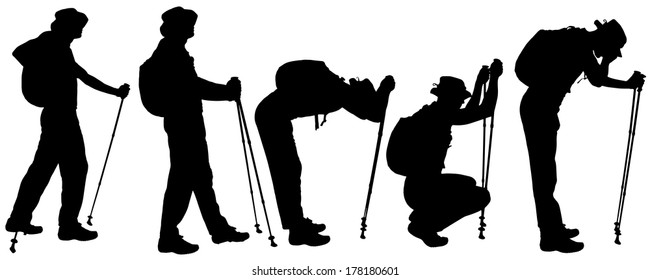 Vector silhouettes of people with trekking stick on a white background. 