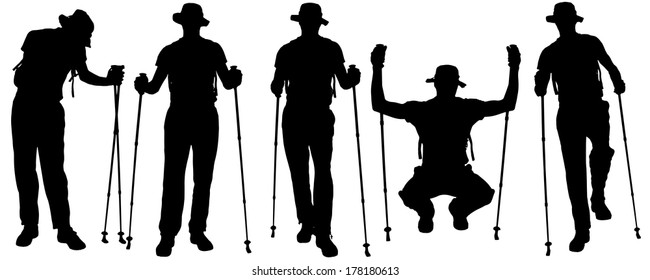 Vector silhouettes of people with trekking stick on a white background. 