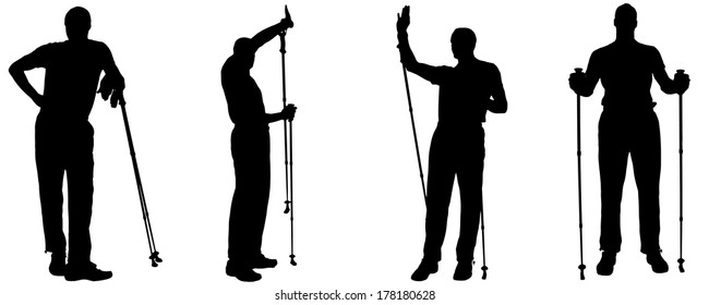 Vector silhouettes of people with trekking stick on a white background. 