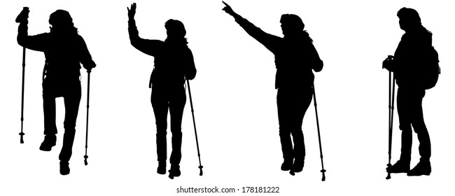 Vector silhouettes of people with trekking stick on a white background. 