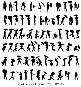 Vector silhouettes of people with umbrellas on white background.