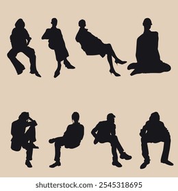 Vector silhouettes of people in various sitting poses. These minimalist illustrations capture moments of relaxation, contemplation, and everyday life. 