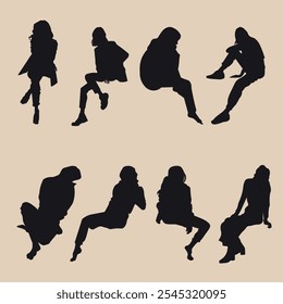 Vector silhouettes of people in various sitting poses. These minimalist illustrations capture moments of relaxation, contemplation, and everyday life. 