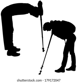 Vector silhouettes of people with walking bare on a white background. 