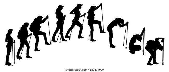 Vector silhouettes of people with walking bare on a white background. 