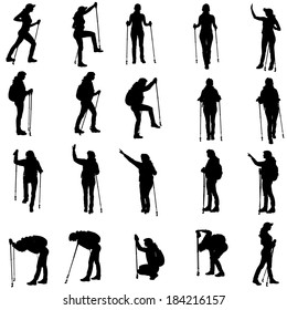 Vector silhouettes of people with walking bare on a white background. 