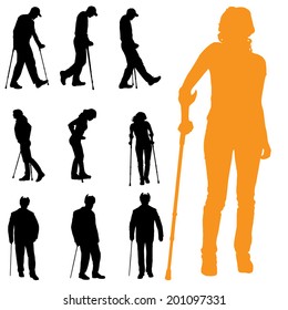 Vector silhouettes of people walking on crutches.