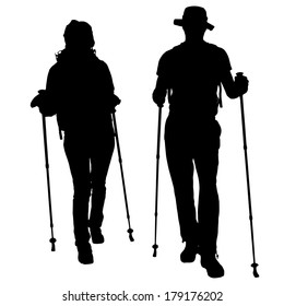 Vector silhouettes of people with walking sticks on a white background. 