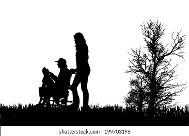 Vector silhouettes of people in a wheelchair in nature. 