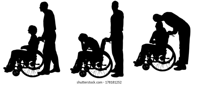Vector silhouettes of people in a wheelchair on a white background. 