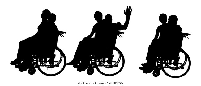 Vector silhouettes of people in a wheelchair on a white background. 