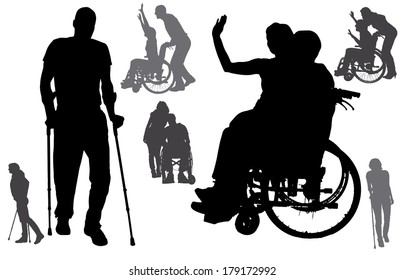 Vector silhouettes of people in a wheelchair on a white background. 