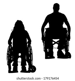 Vector silhouettes of people in a wheelchair on a white background. 