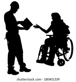 Vector silhouettes of people in a wheelchair on a white background. 