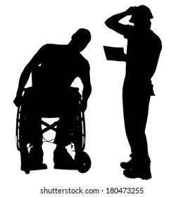 Vector silhouettes of people in a wheelchair on a white background. 