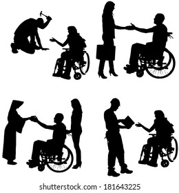 Vector silhouettes of people in a wheelchair on a white background. 