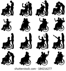 Vector silhouettes of people in a wheelchair on a white background. 