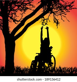Vector silhouettes of people in a wheelchair on a orange background. 