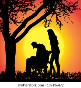 Vector silhouettes of people in a wheelchair on a orange background. 