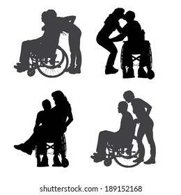 Vector silhouettes of people in a wheelchair on a white background. 