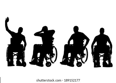 Vector silhouettes of people in a wheelchair on a white background. 