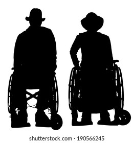 Vector silhouettes of people in a wheelchair on a white background. 