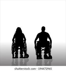 Vector silhouettes of people in a wheelchair on a white background. 