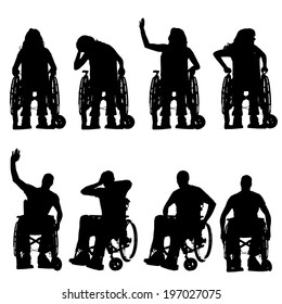 Vector silhouettes of people in a wheelchair on a white background. 