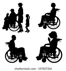 Vector silhouettes of people in a wheelchair on a white background. 