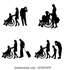 Vector silhouettes of people in a wheelchair on a white background. 