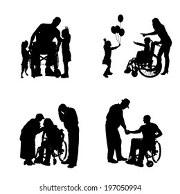 Vector silhouettes of people in a wheelchair on a white background. 