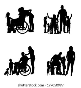 Vector silhouettes of people in a wheelchair on a white background. 
